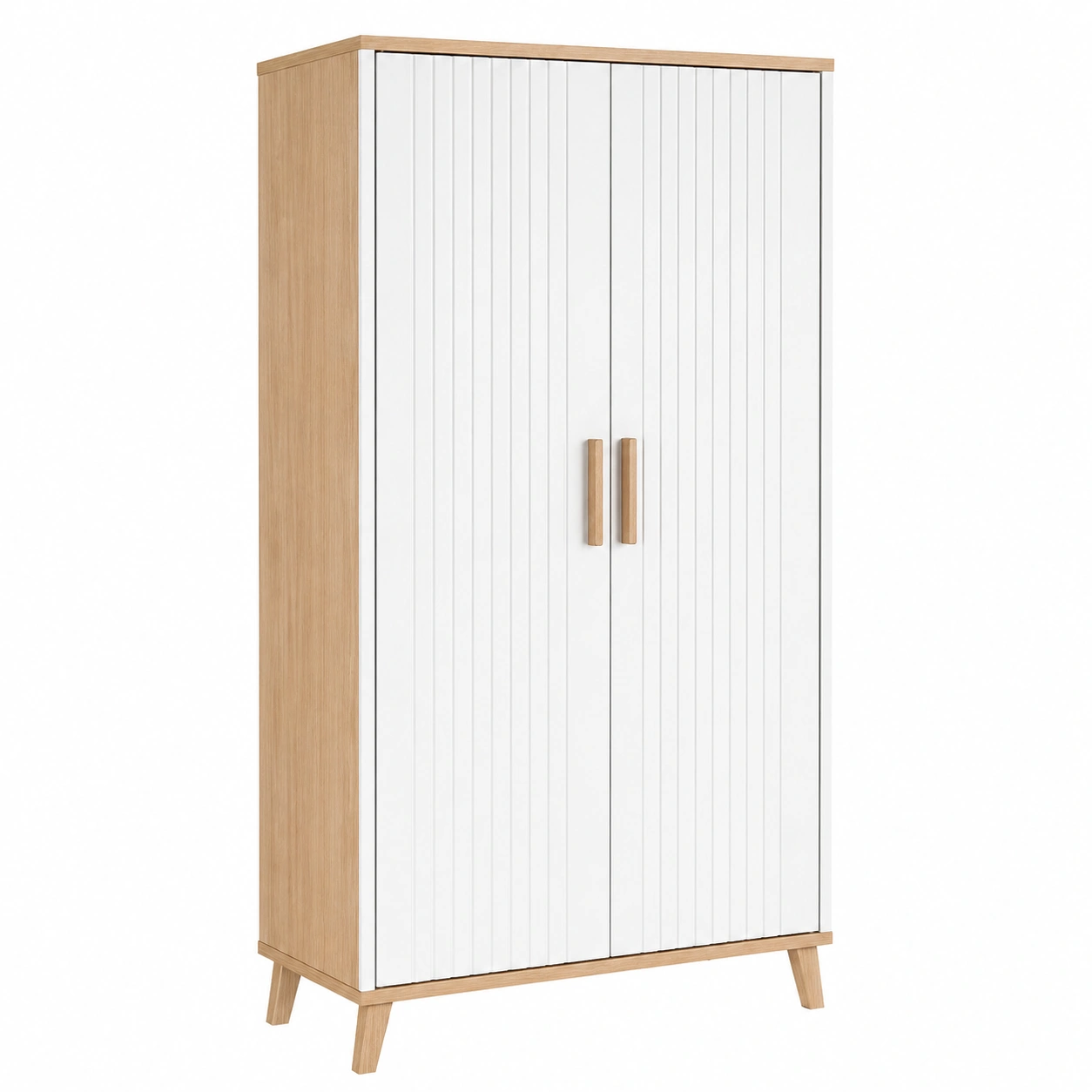 Armario de almacenamiento con puertas acanaladas en blanco y acabado madera natural-buynovae