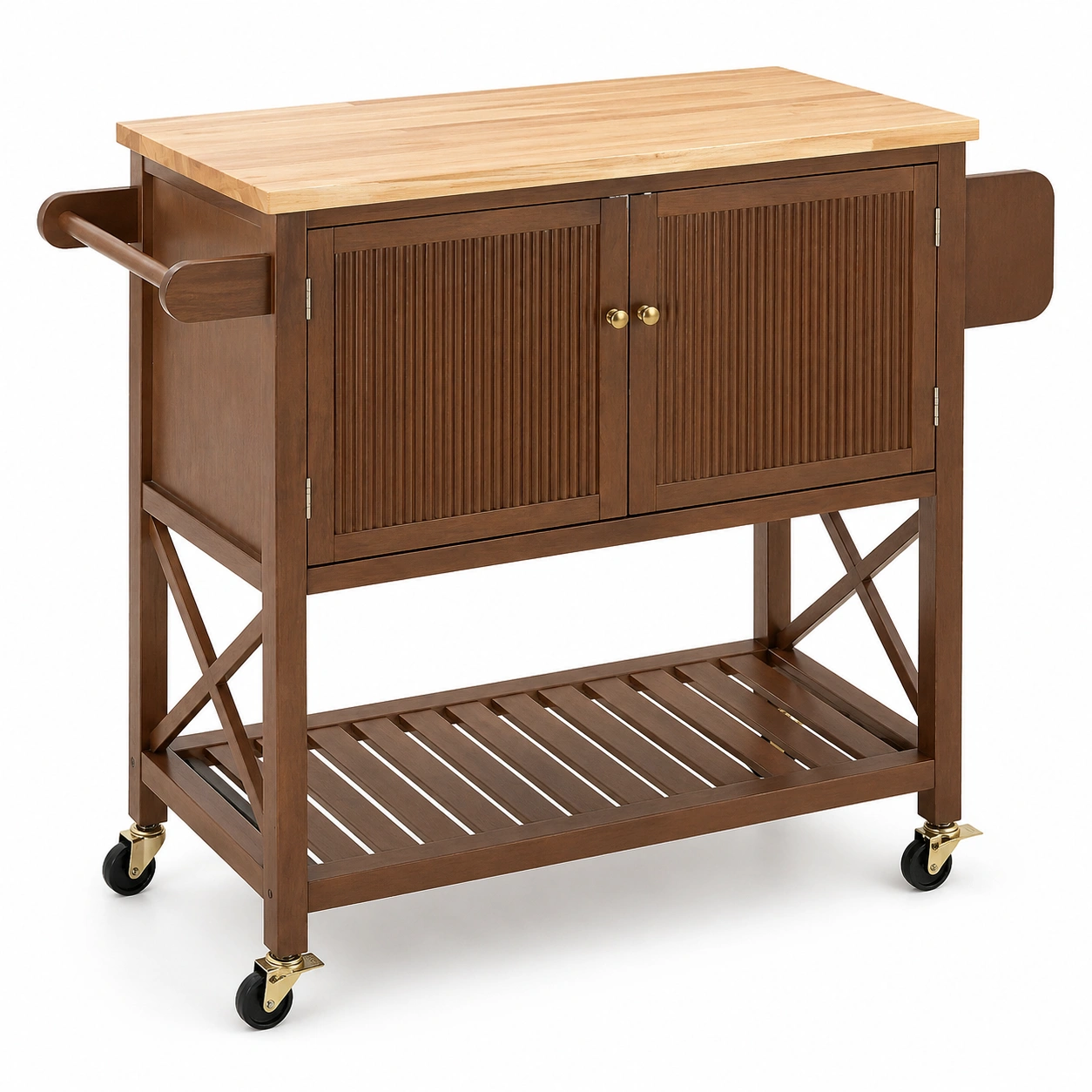 Carrito de cocina de madera con encimera amplia y almacenamiento con puertas, color marrón natural-buynovae