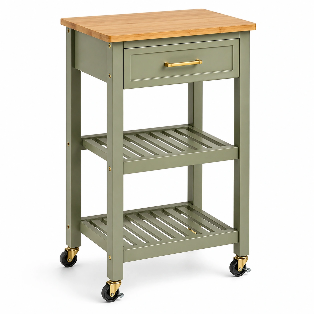 Carrito de cocina compacto verde con encimera de madera y cajón-buynovae