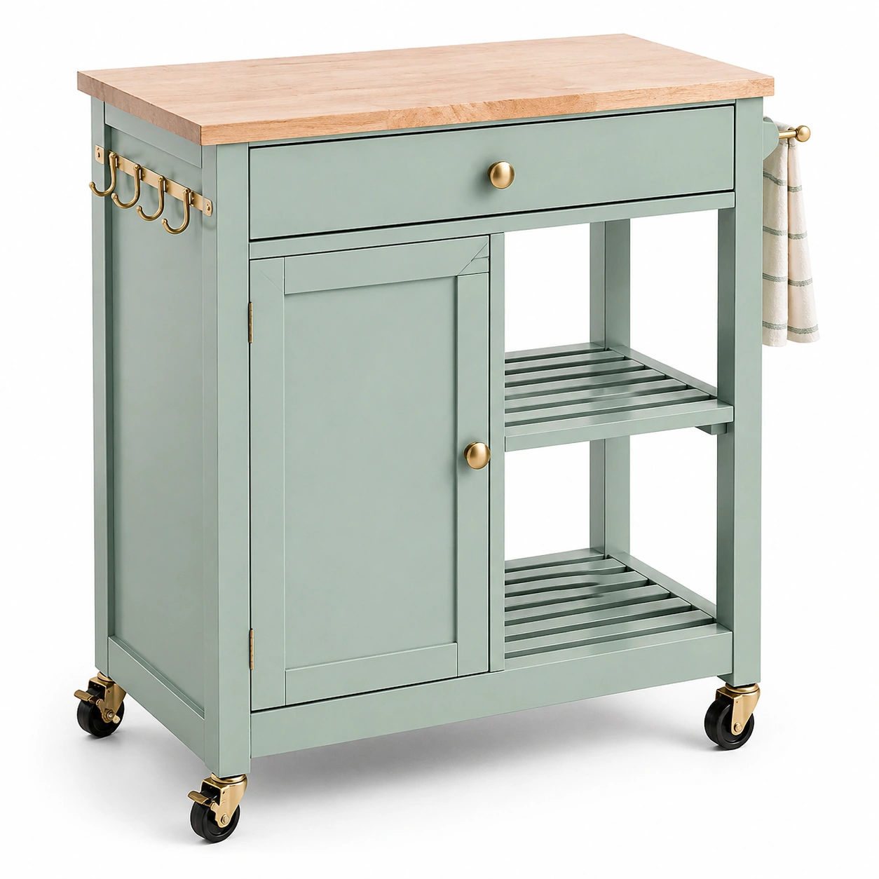 Carrito de cocina multifuncional con encimera de madera y almacenamiento color verde-buynovae