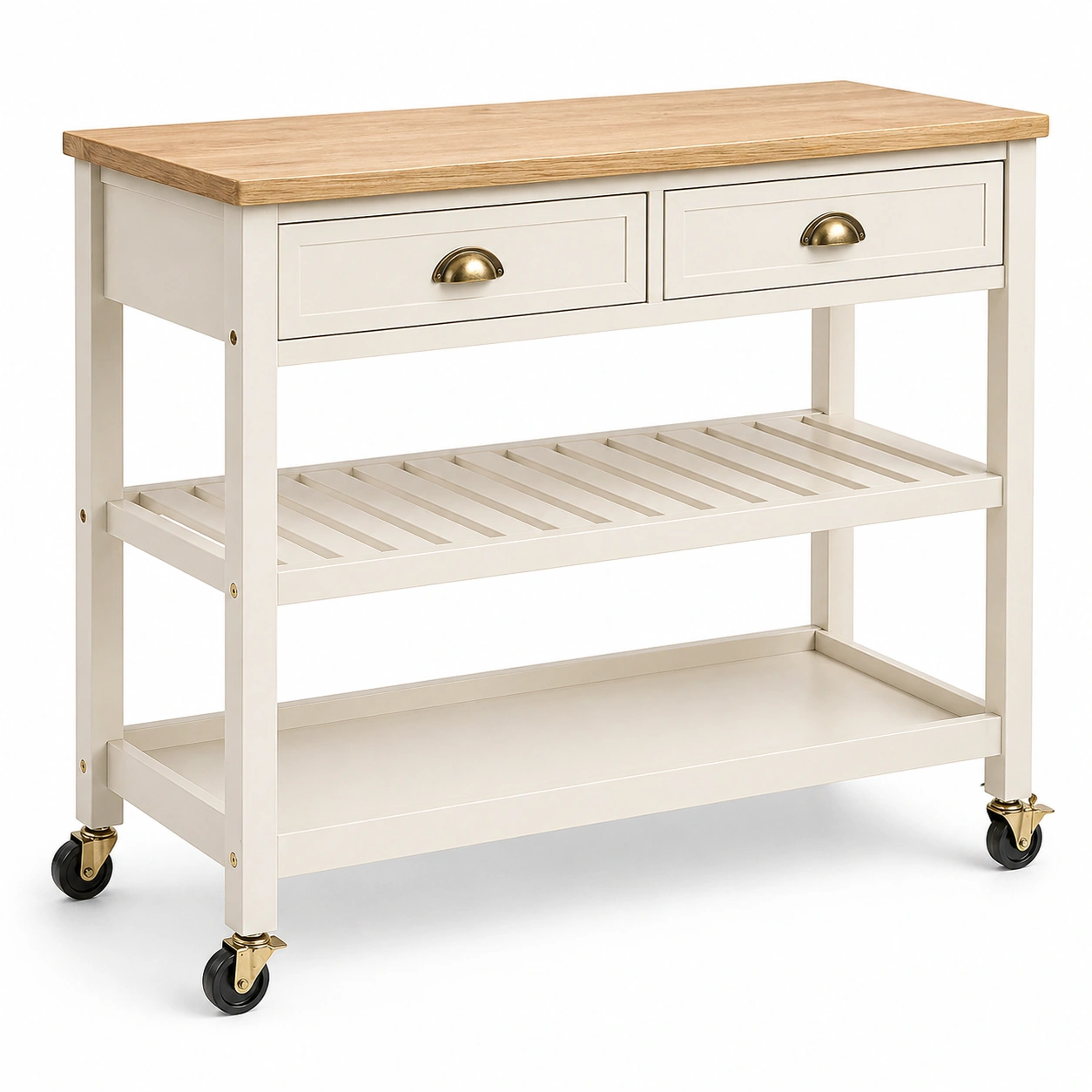 Carrito de cocina multifuncional con cajones y estantes en color crema con encimera de madera-buynovae