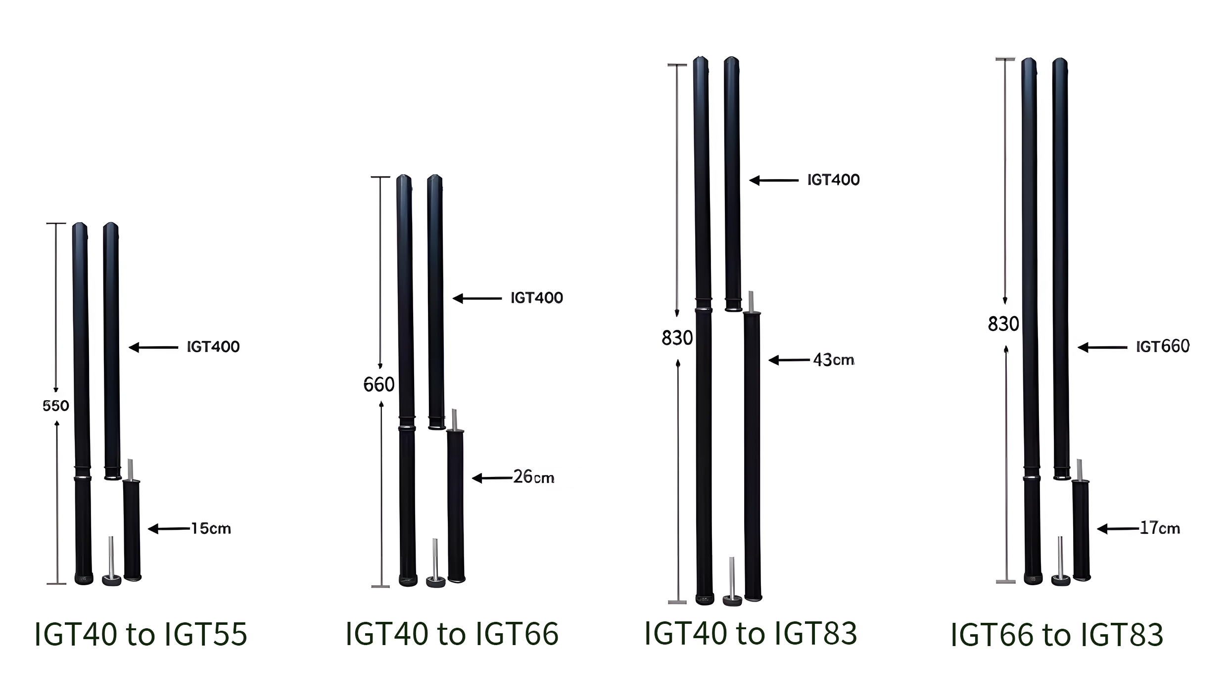 IGT40 to IGT55 raiser leg, IGT40 to IGT66 raiser leg, IGT40 to IGT83 raiser leg, IGT66 to IGT83 raiser leg