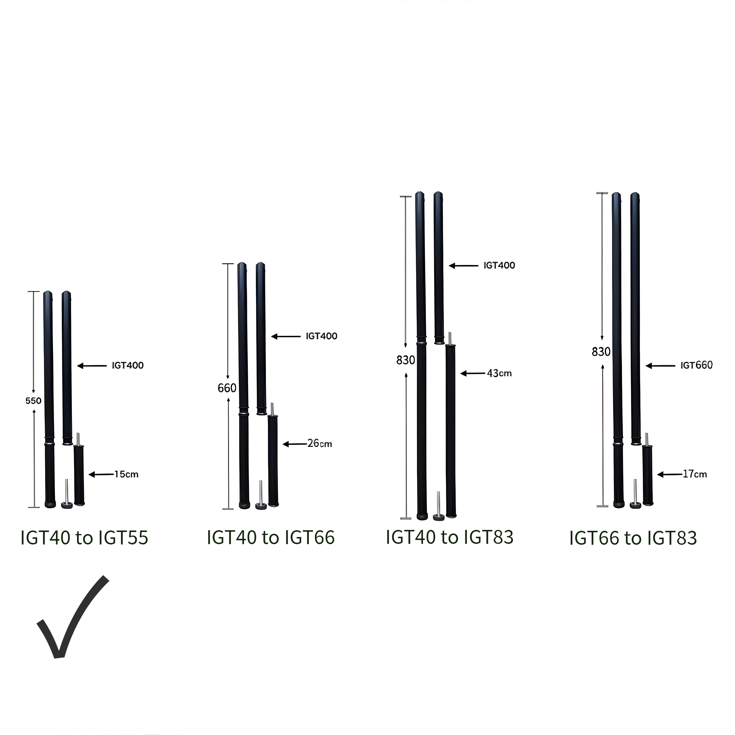 IGT Adjustable Table Legs, 40cm to 55cm Height Extender