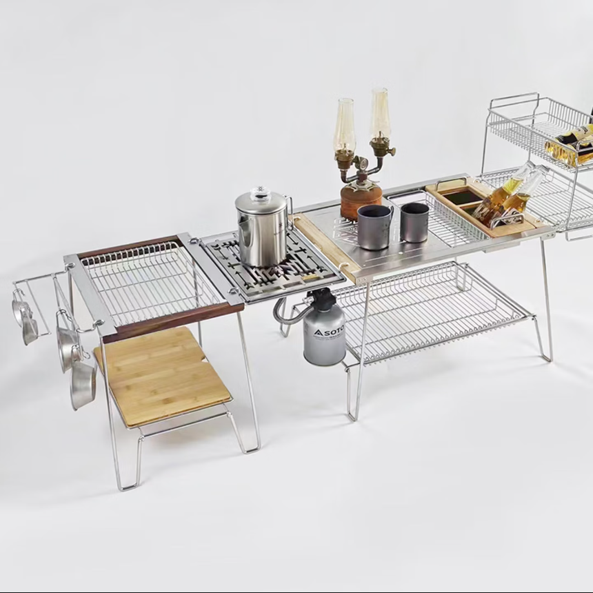 Folding Camping Table Set, 1+2 Unit Interconnectable IGT Frame, Portable Camper Table for Korean BBQ Restaurant & Multi-Function Outdoor Use