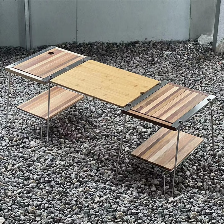 Folding Camping Table Set, 1+2 Unit Interconnectable IGT Frame, Portable Camper Table for Korean BBQ Restaurant & Multi-Function Outdoor Use