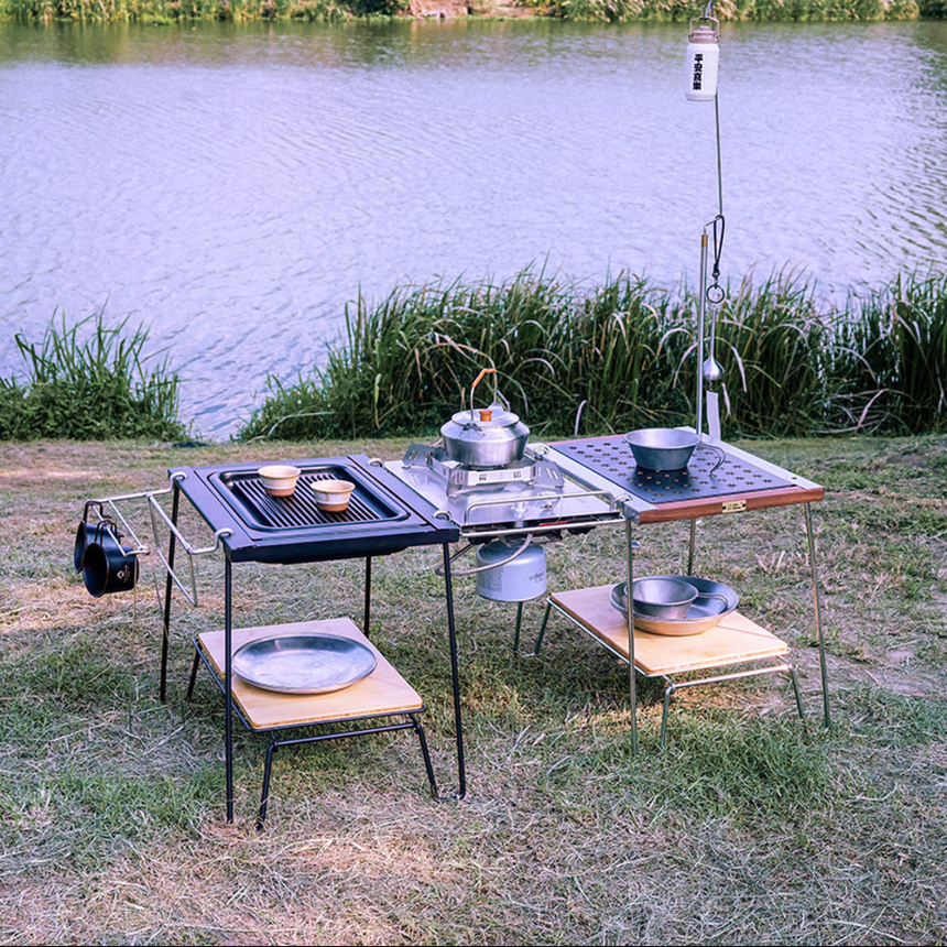 Folding Camping Table Set, 1+2 Unit Interconnectable IGT Frame, Portable Camper Table for Korean BBQ Restaurant & Multi-Function Outdoor Use