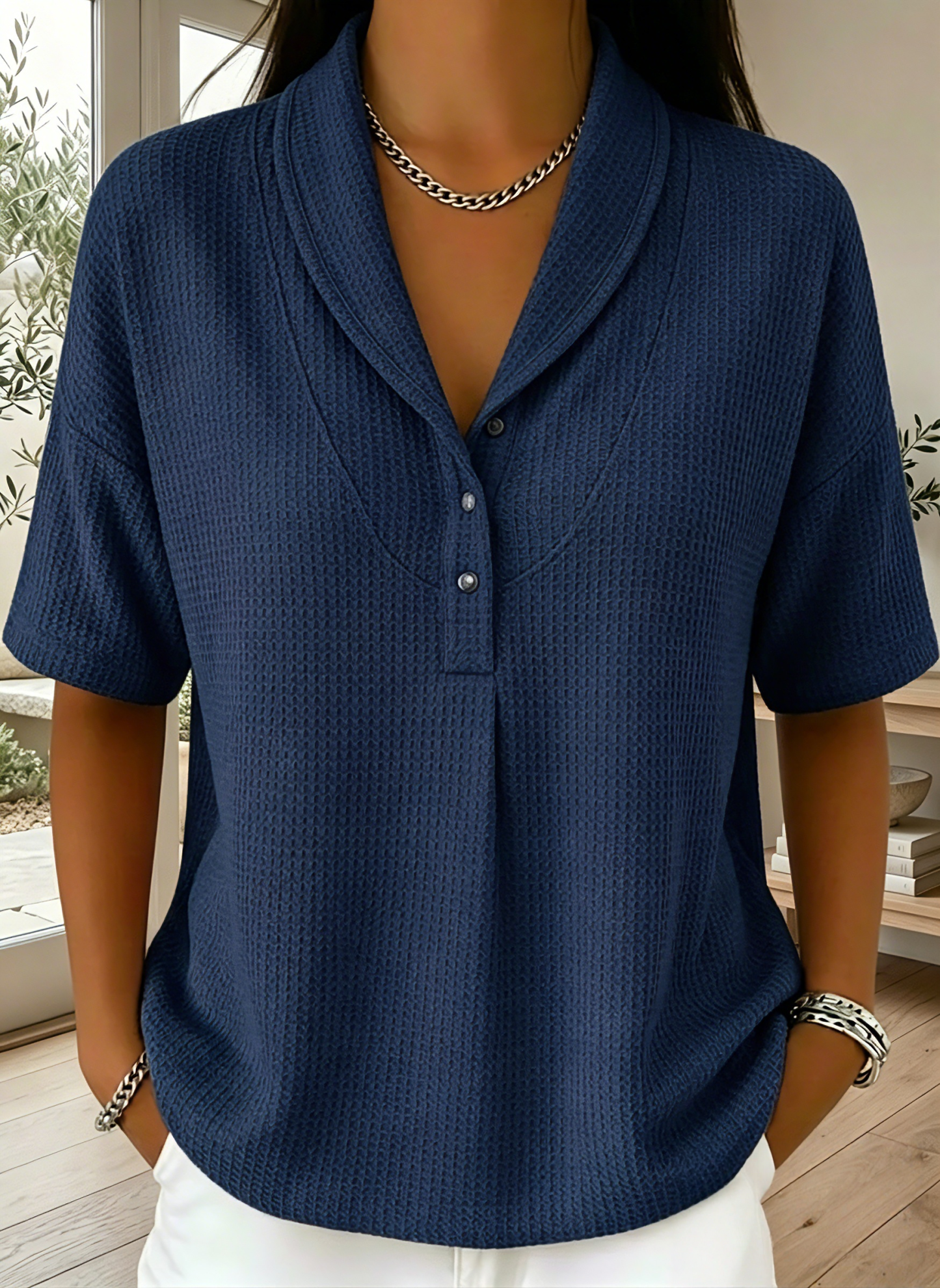 New Arrivals🔥Women’s Casual Loose Shawl Collar Waffle-knit T-shirt