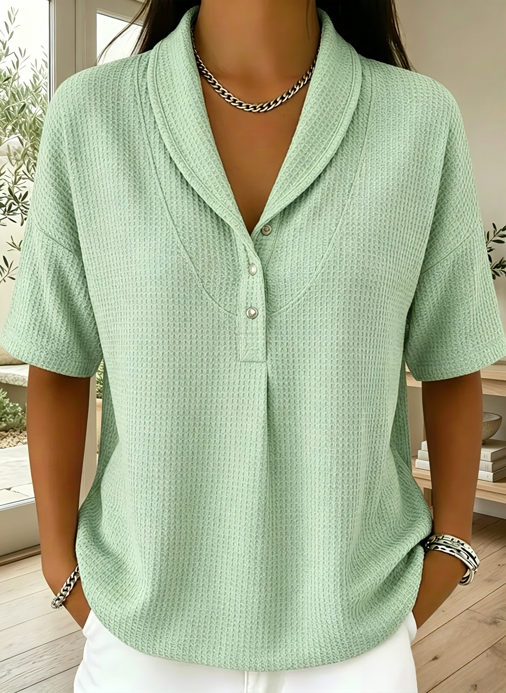 New Arrivals🔥Women’s Casual Loose Shawl Collar Waffle-knit T-shirt