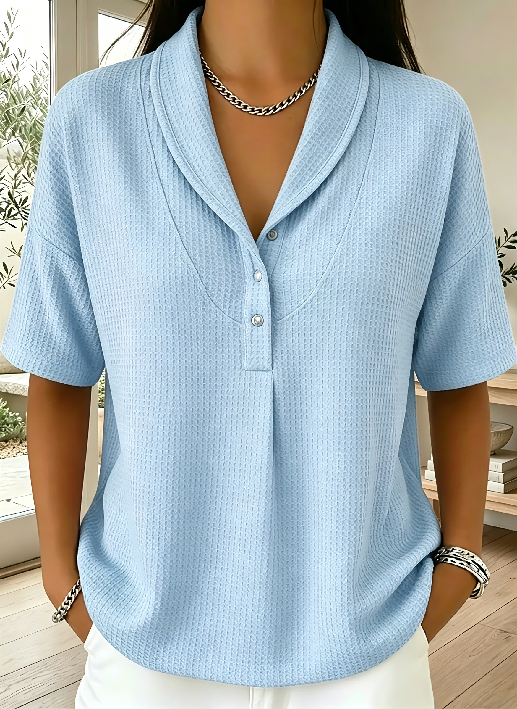 New Arrivals🔥Women’s Casual Loose Shawl Collar Waffle-knit T-shirt