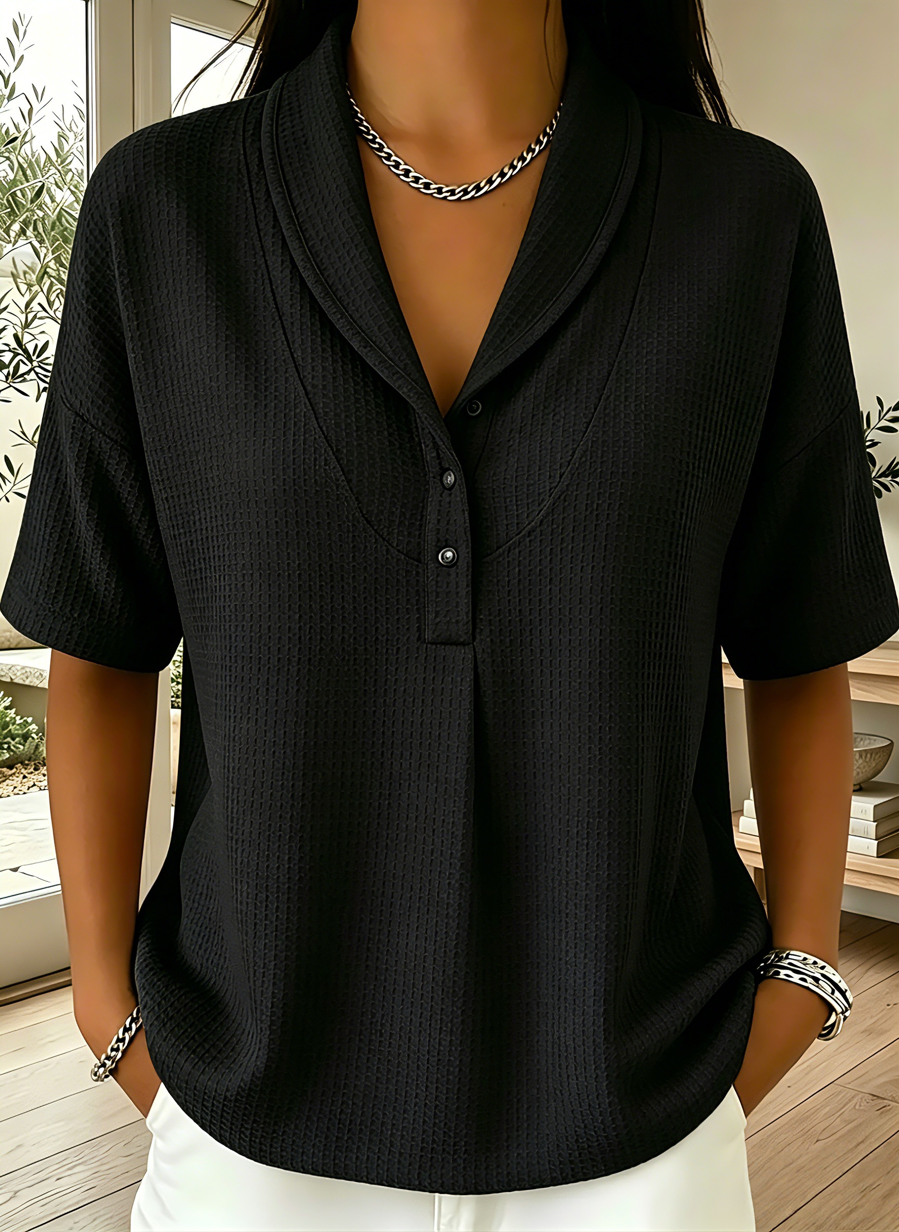 New Arrivals🔥Women’s Casual Loose Shawl Collar Waffle-knit T-shirt