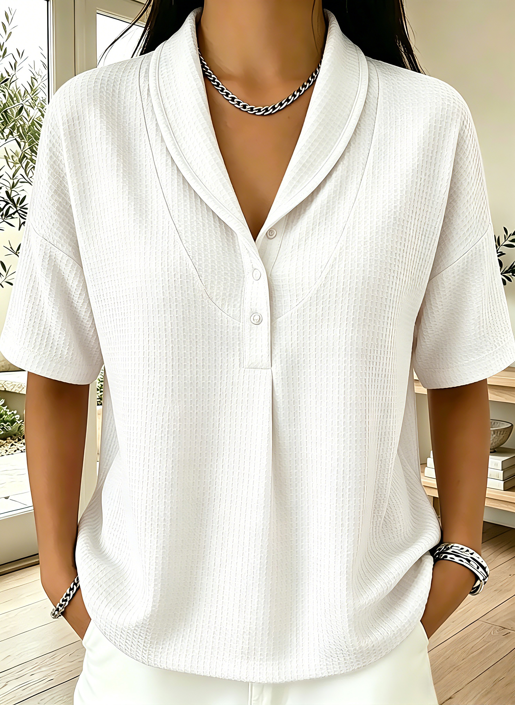 New Arrivals🔥Women’s Casual Loose Shawl Collar Waffle-knit T-shirt