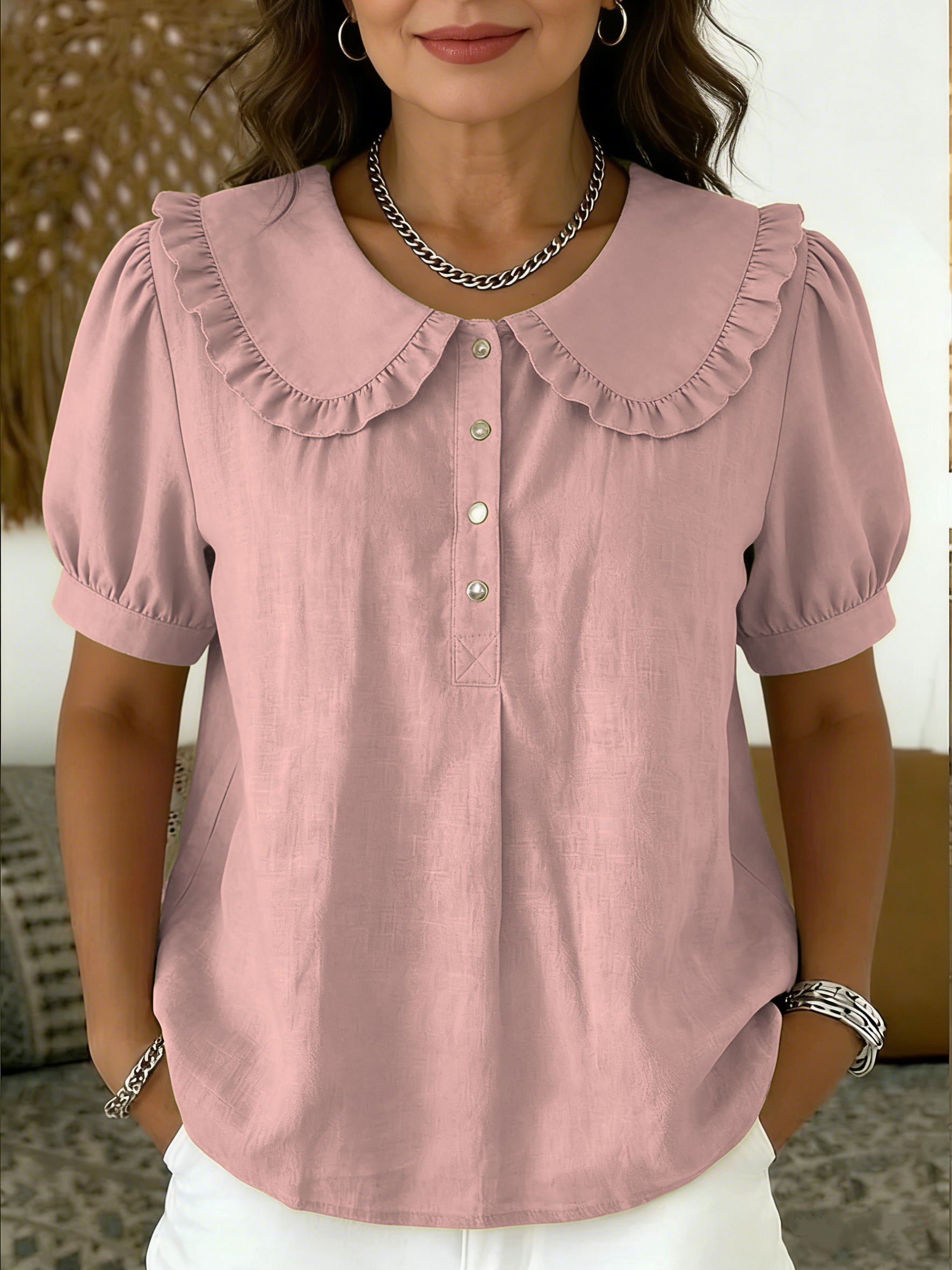 NEW🔥 Casual Peter Pan collar cotton-linen blend polo shirt