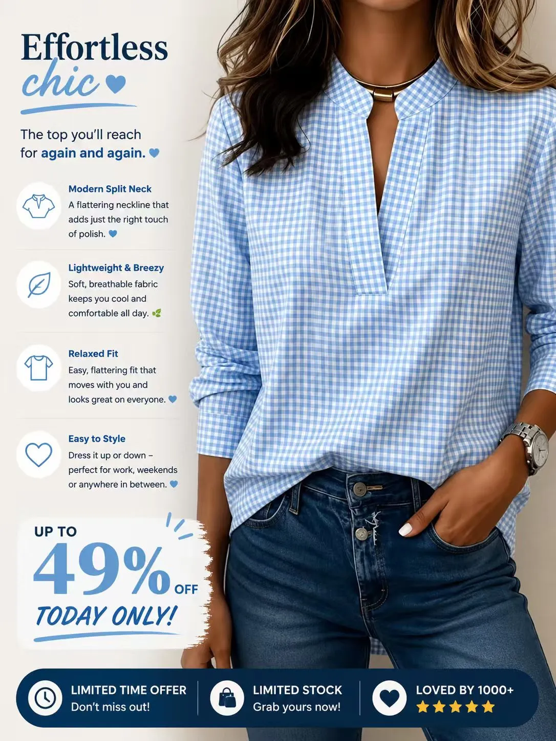 Today 50% Off🔥Women’s Classic Gingham Split V-Neck Blouse