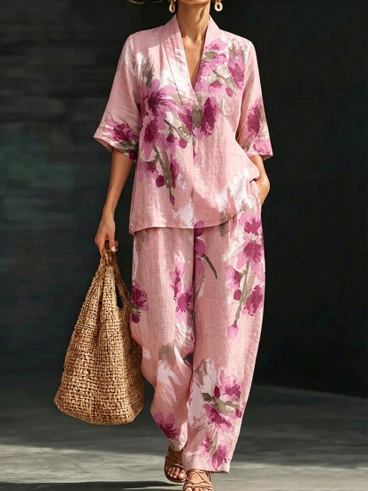 New Arrivals🔥 Relaxed Bohemian Floral Linen Two-piece Set-retrostrom