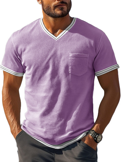 Men's Fashion Retro Patchwork Textured Fabric V-neck Short-sleeved T-shirt-retrostrom