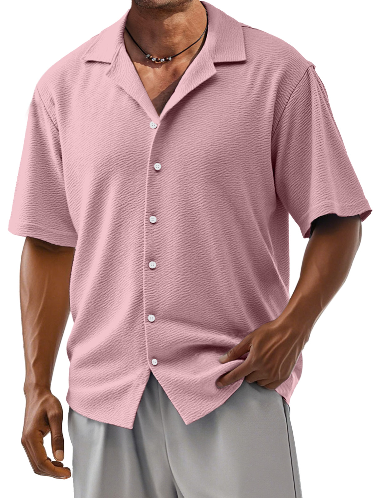 Men's Loose Solid Color Comfortable Texture Short-Sleeved Cuban Collar Shirt-retrostrom
