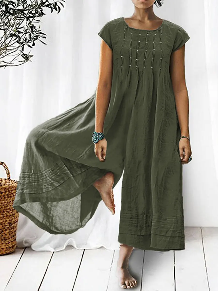 💝💝Women's Solid Color Art Casual Short Sleeve Cotton Linen Jumpsuit