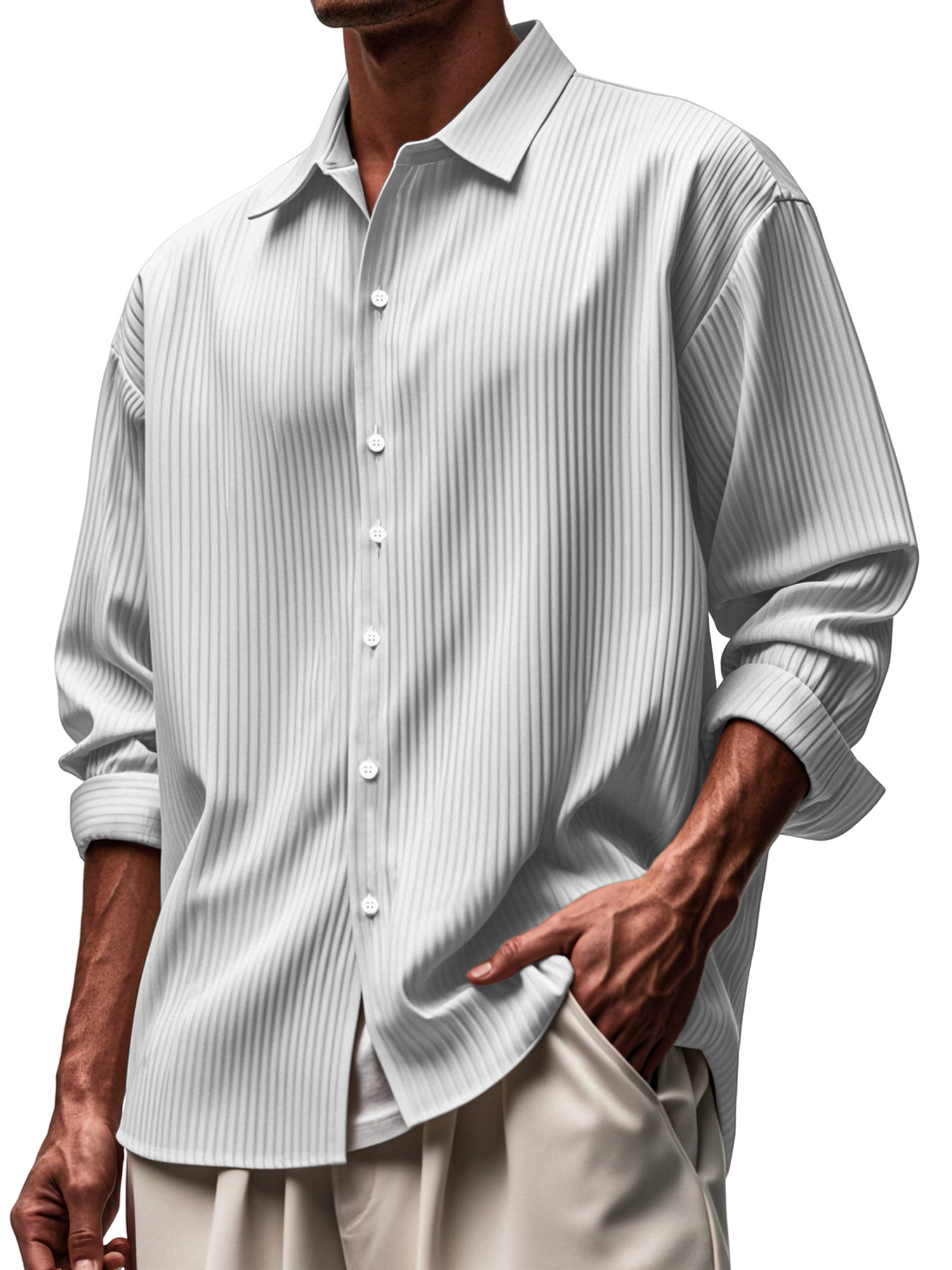 Men's Everyday Solid Color Pitted Lapel Button-down Long-sleeved Shirt-retrostrom