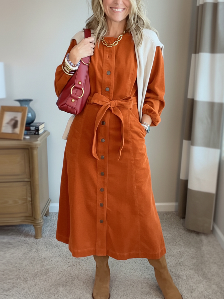 New Arrival🔥 Corduroy Shirt Dress with Tie Belt-retrostrom