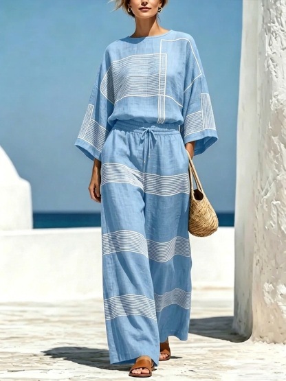 Asymmetrical Print Cotton-Linen Crew-Neck Set-retrostrom