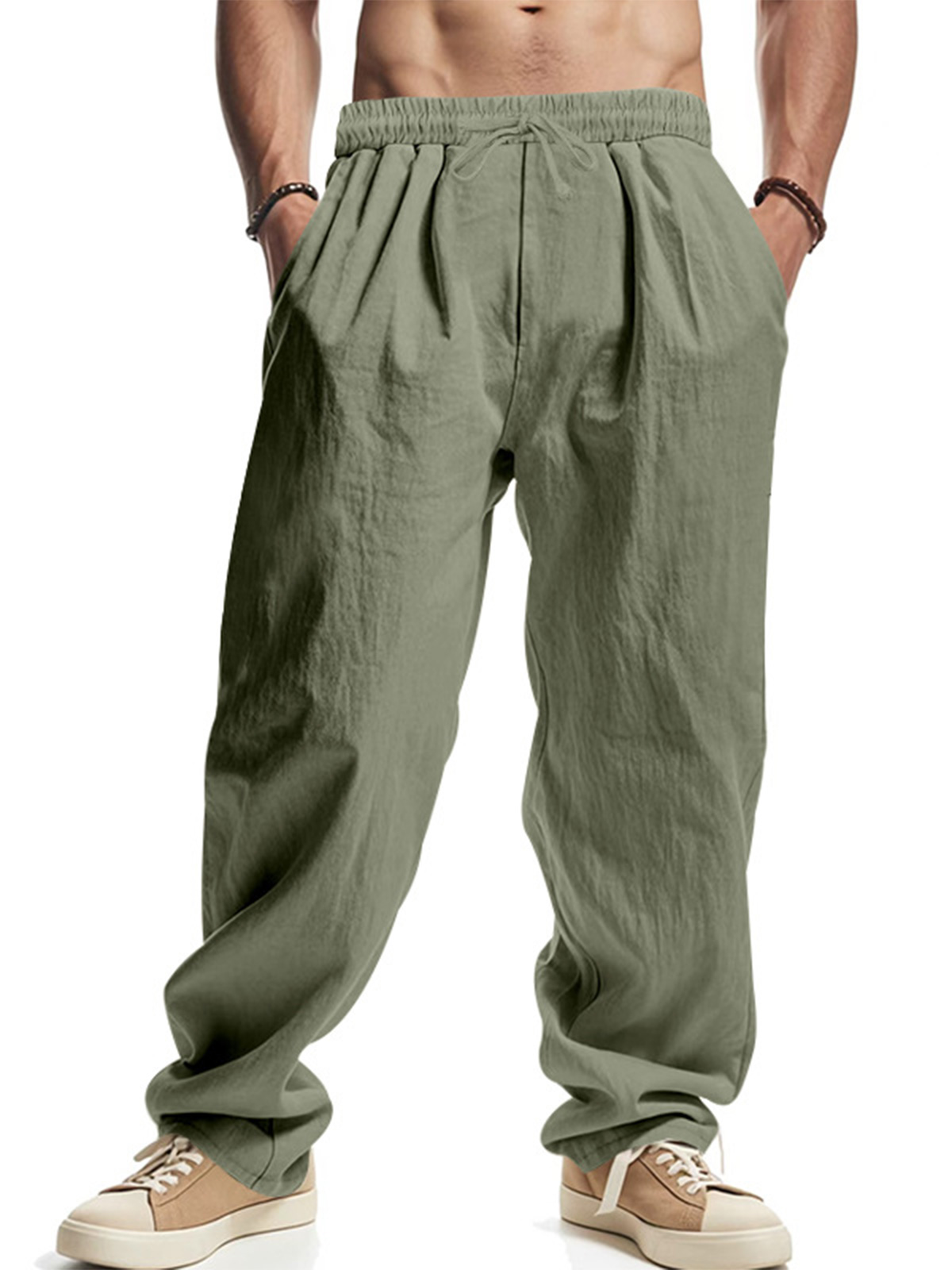 Men's Daily Casual Loose Linen Drawstring Solid Color Trousers-retrostrom