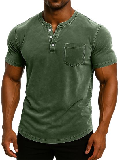 Men's Retro Stand Collar Casual Pocket Solid Color Slim Fit Short Sleeve Henley Shirt-retrostrom