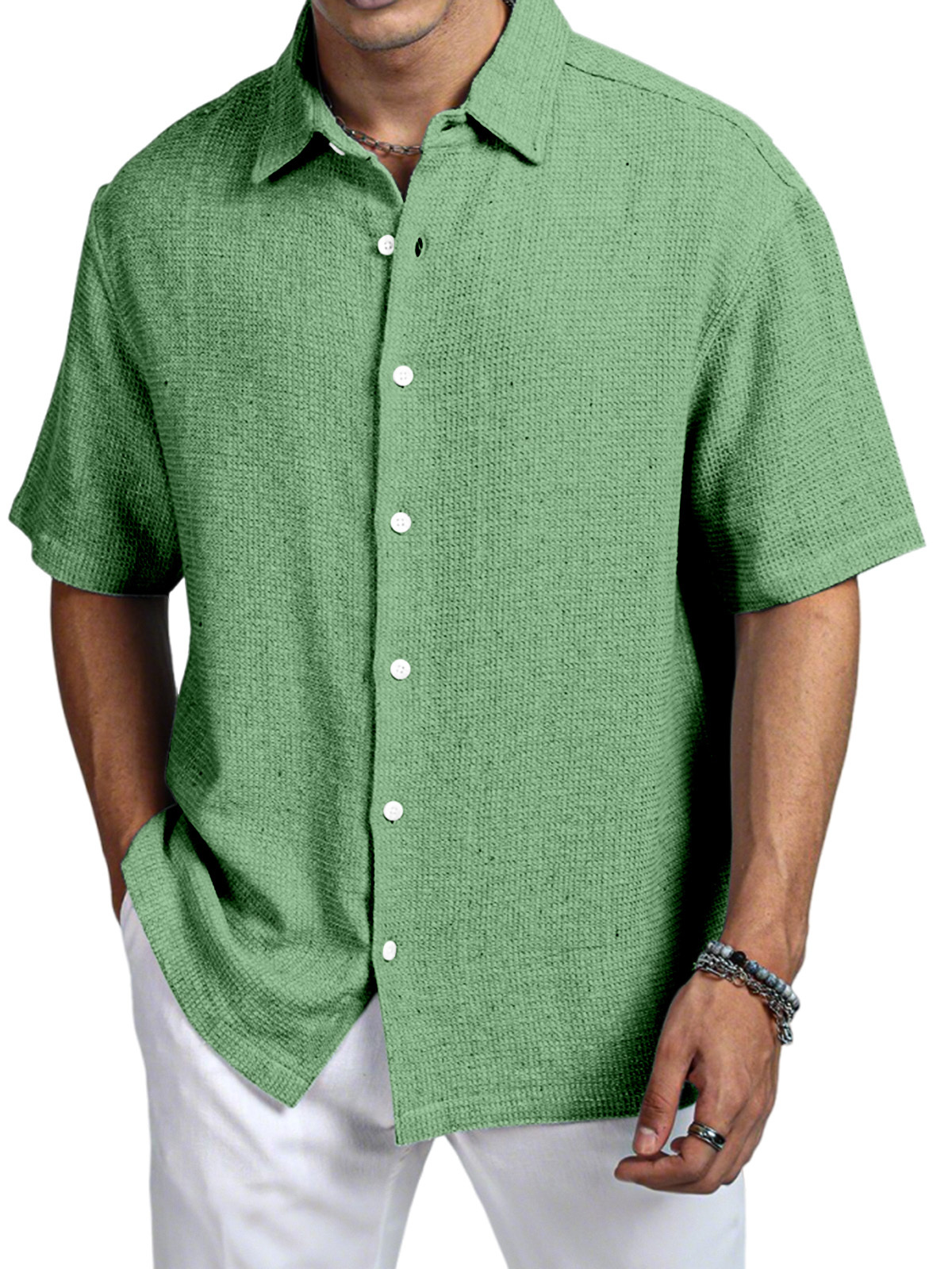 Men's Casual Daily Solid Color Texture Short-sleeved Shirt-retrostrom
