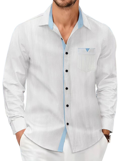 Men's cotton and linen solid color casual pocket contrast lapel long-sleeved shirt-retrostrom