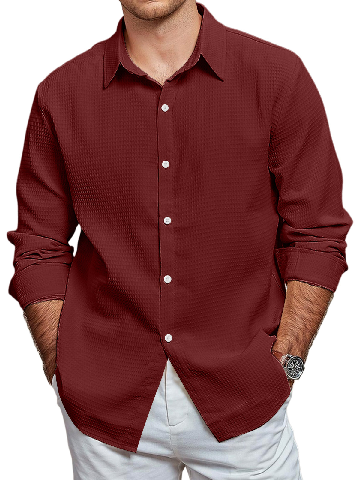 Men's Casual Waffle Solid Color Long Sleeve Shirt-retrostrom