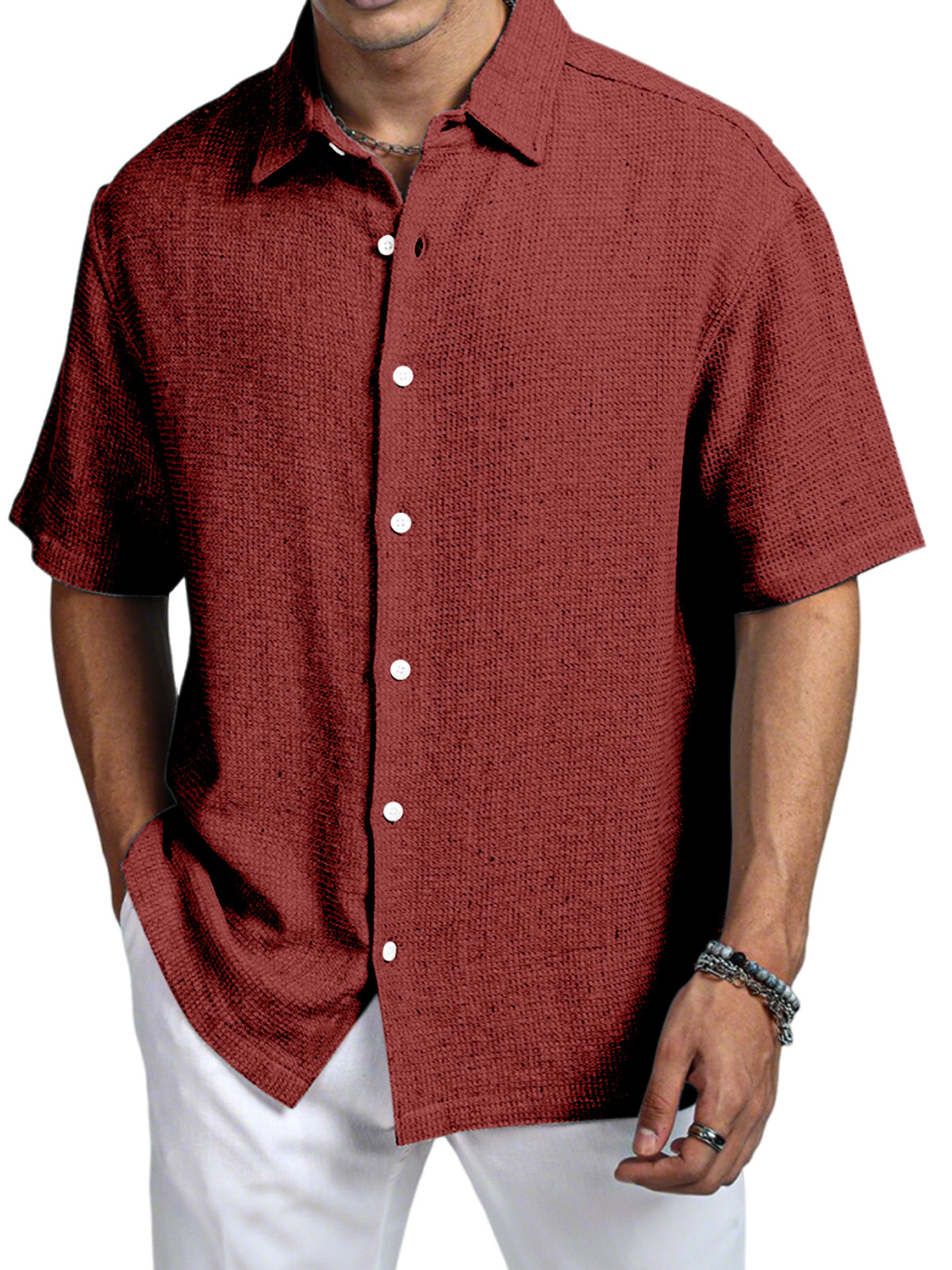 Men's Casual Daily Solid Color Texture Short-sleeved Shirt-retrostrom