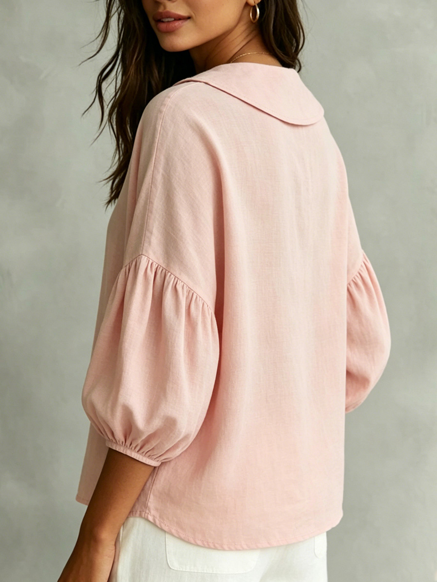 Cotton-Linen Shirt with Bell Sleeves and Peter Pan Collar