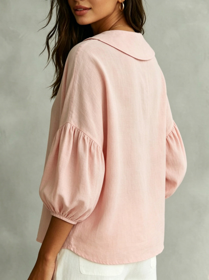 Cotton-Linen Shirt with Bell Sleeves and Peter Pan Collar