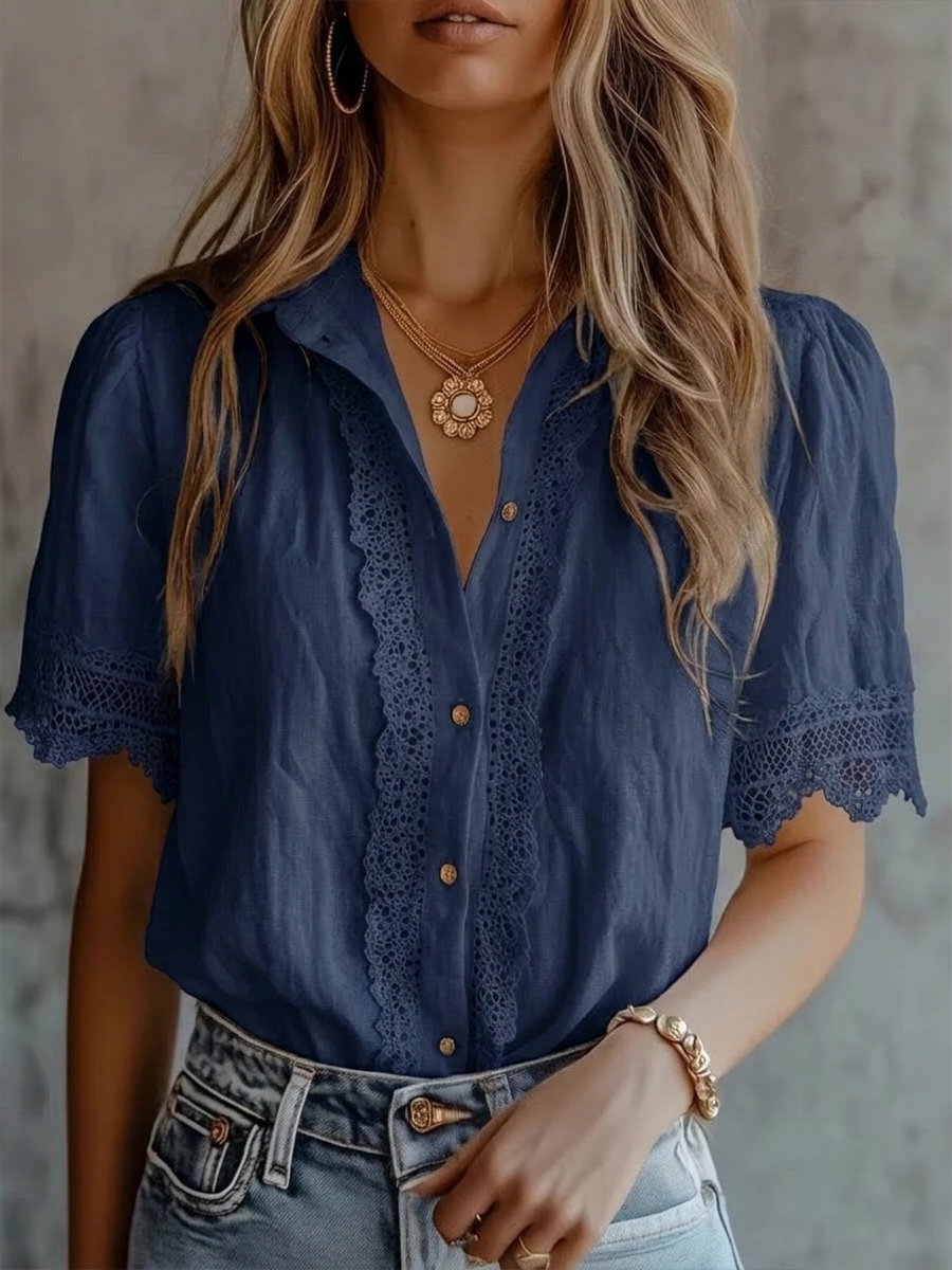 New Arrivals🔥Women's Paneled Lace, Linen, And Cotton Short-sleeve Shirt-retrostrom
