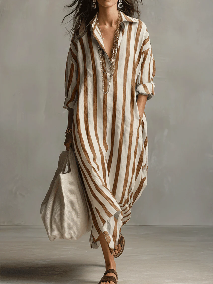 Casual And Cozy Striped Linen-cotton Dress-retrostrom