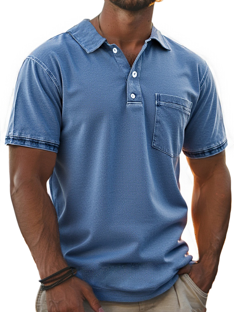 Men's Stylish Retro Pure Cotton Distressed Fabric Pocket Lapel Polo Shirt-retrostrom