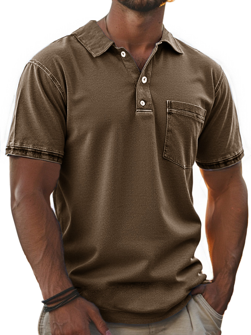Men's Stylish Retro Pure Cotton Distressed Fabric Pocket Lapel Polo Shirt-retrostrom