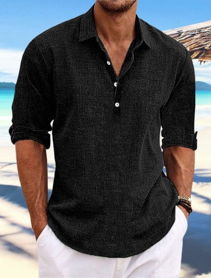 Men's Cotton Linen Pullover Shirt Collar Button Up Daily Hawaiian Long Sleeve Shirt-retrostrom