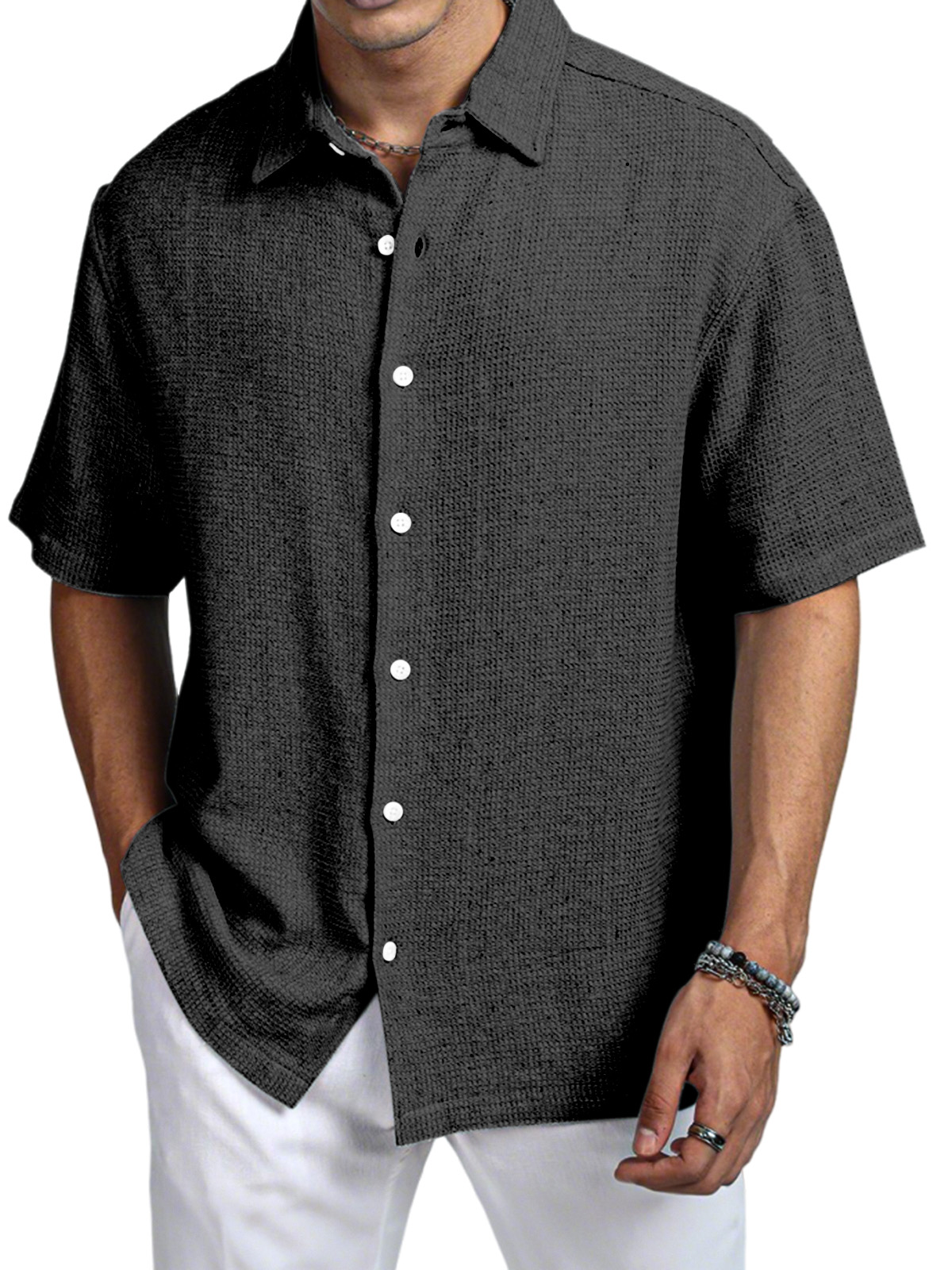 Men's Casual Daily Solid Color Texture Short-sleeved Shirt-retrostrom