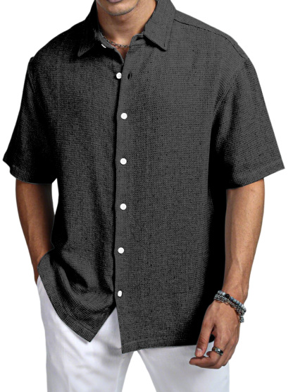 Men's Casual Daily Solid Color Texture Short-sleeved Shirt-retrostrom