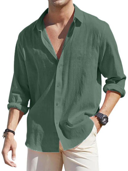 Men's Casual Loose Basic Cotton And Linen Long-sleeved Shirt-retrostrom