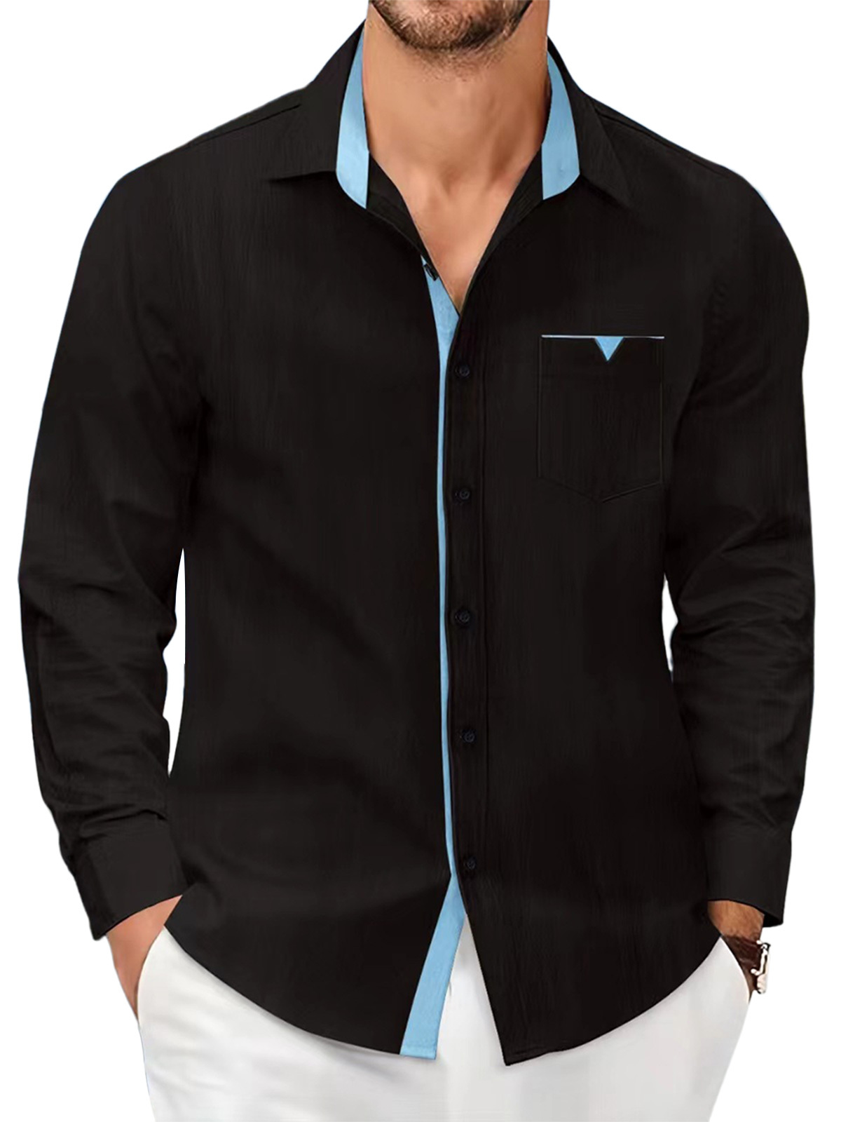 Men's cotton and linen solid color casual pocket contrast lapel long-sleeved shirt-retrostrom
