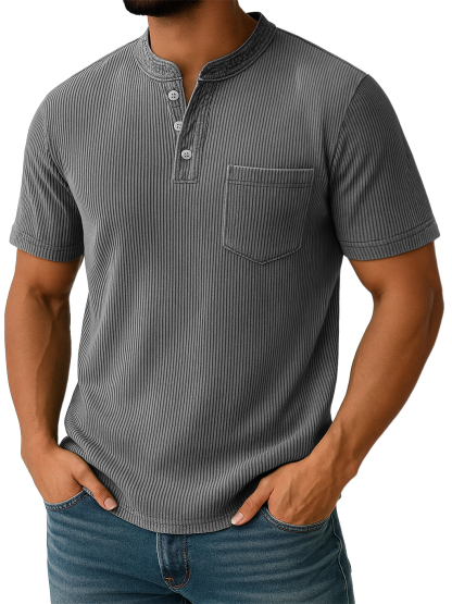 Men's Retro Stand-up Collar Ribbed Texture Vertical Stripe Pocket Casual T-shirt-retrostrom