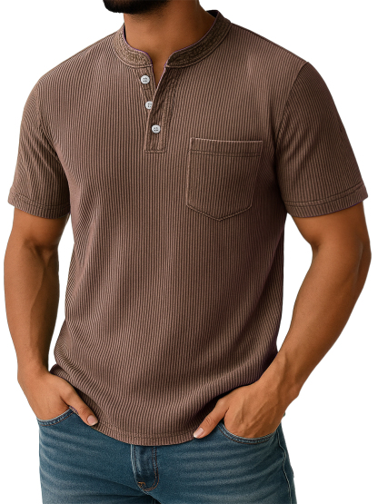 Men's Retro Stand-up Collar Ribbed Texture Vertical Stripe Pocket Casual T-shirt-retrostrom