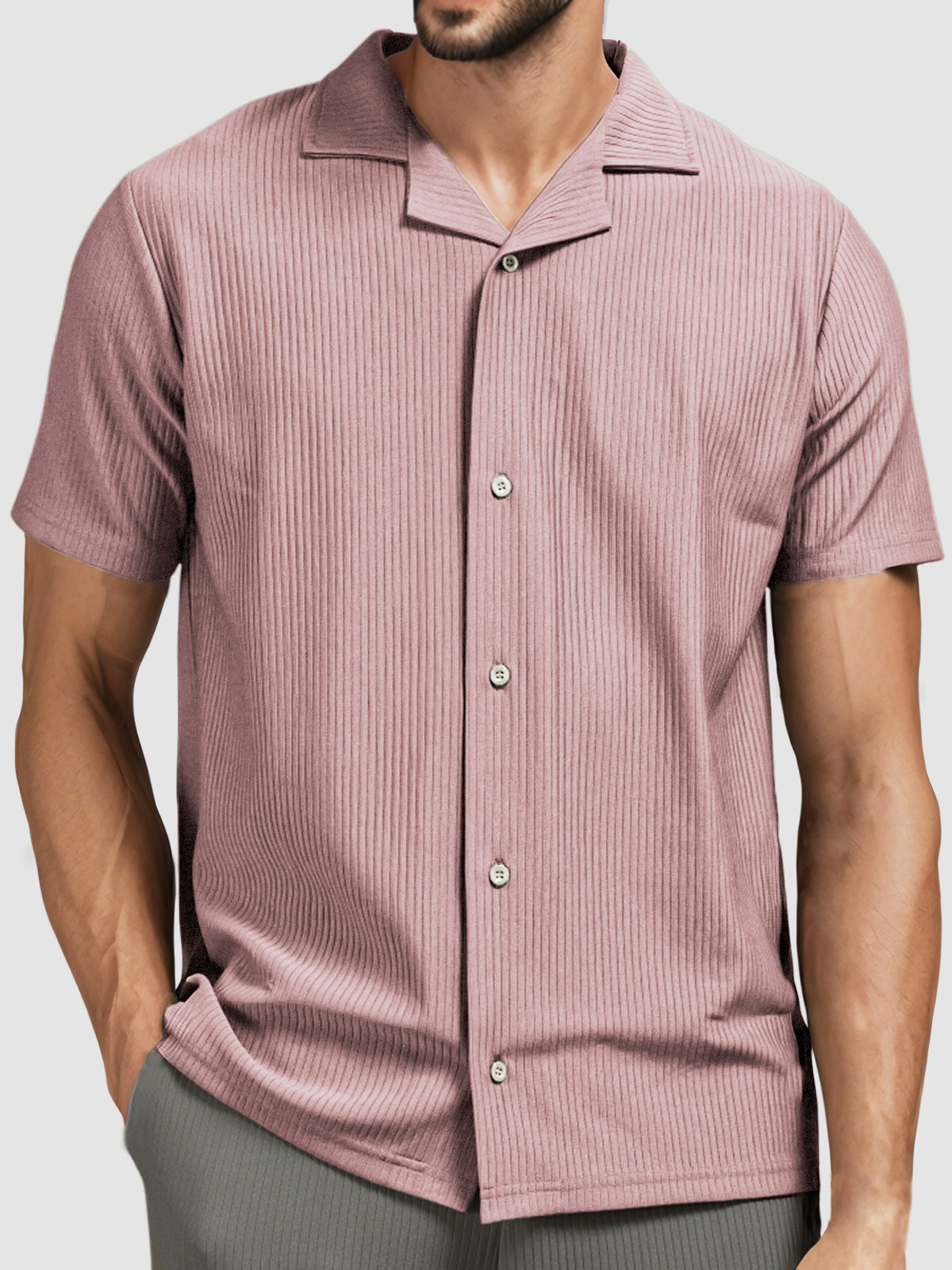 Men's Pit Stripe Pleated Cuban Collar Holiday Casual Button Short Sleeve Shirt-retrostrom