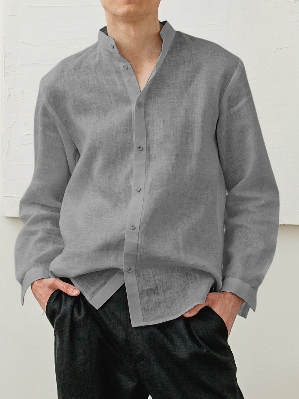 Men's Cotton And Linen Classic Casual Stand-up Collar Long-sleeved Shirt-retrostrom