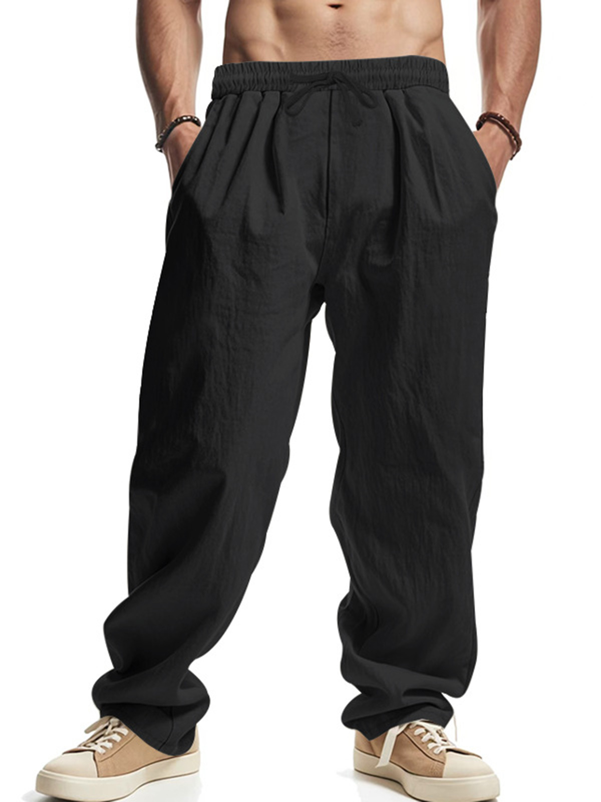 Men's Daily Casual Loose Linen Drawstring Solid Color Trousers-retrostrom