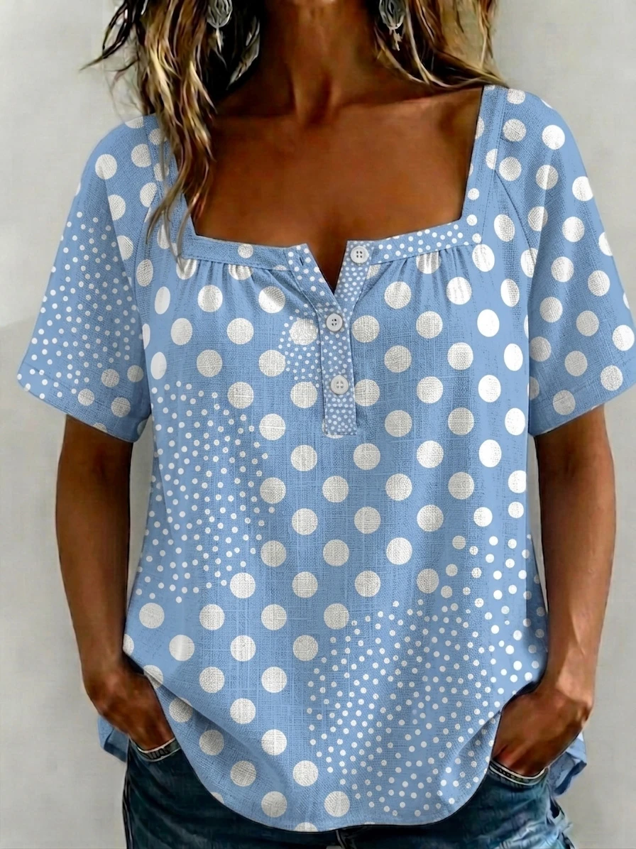 Fashion Square-Neck Polka Dot Print Cotton-Linen Shirt-retrostrom