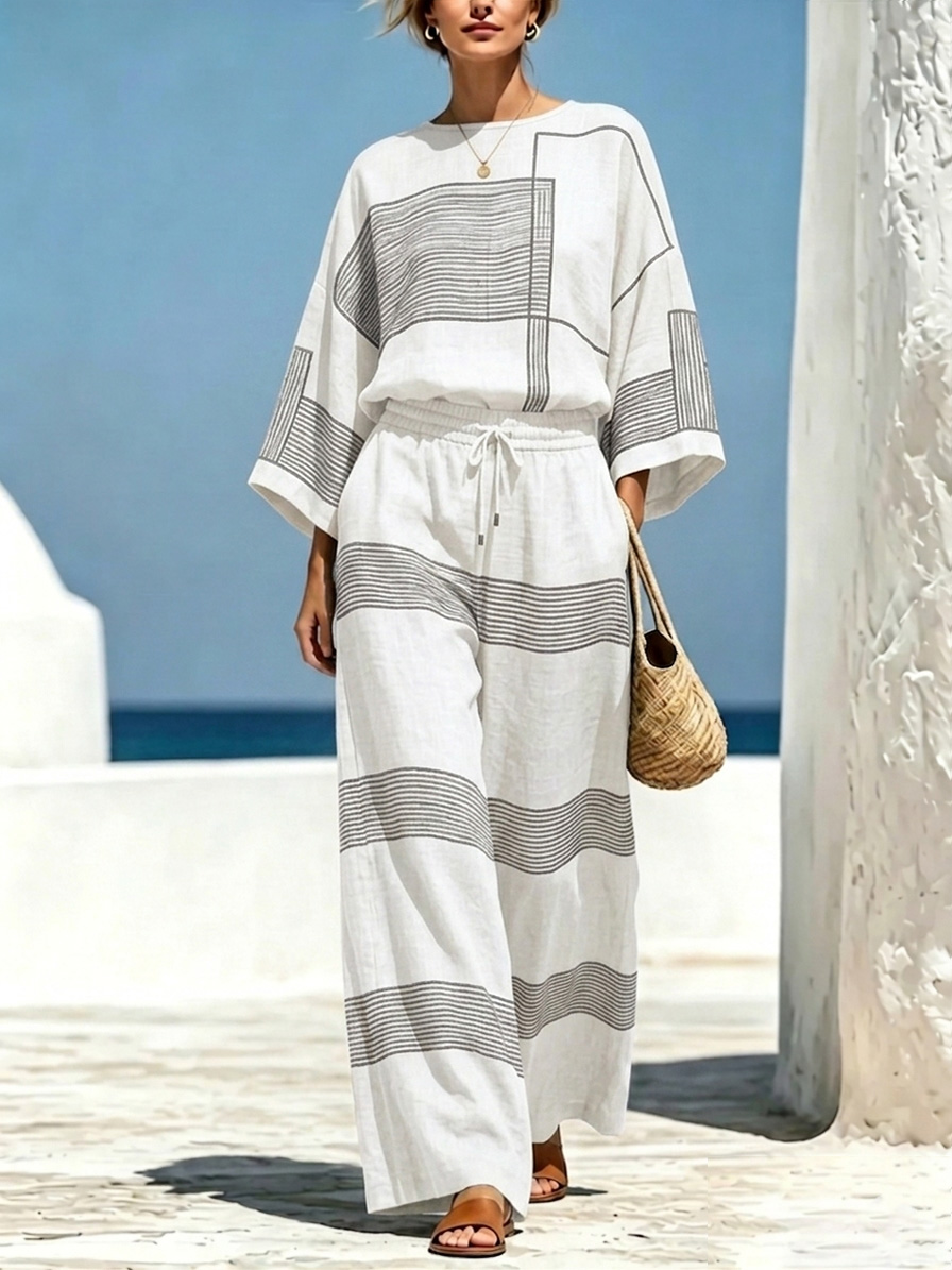 Asymmetrical Print Cotton-Linen Crew-Neck Set-retrostrom