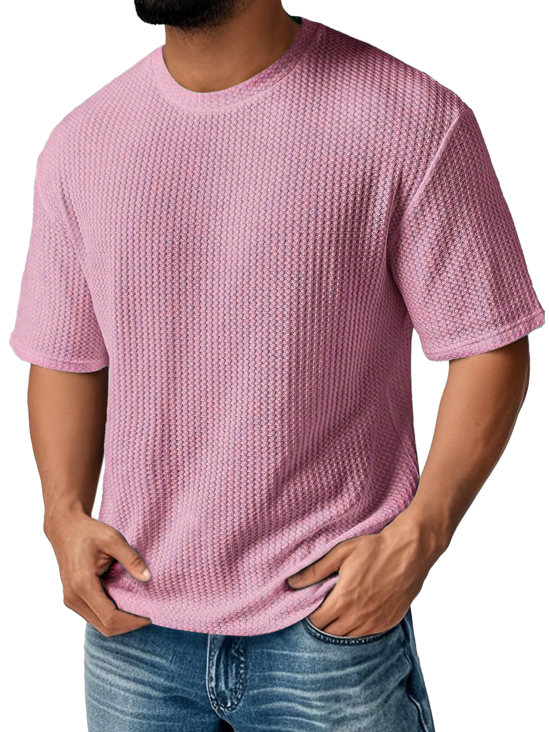 Men's Daily Round Neck Waffle Casual Solid Color Comfortable Short Sleeve T-shirt-retrostrom