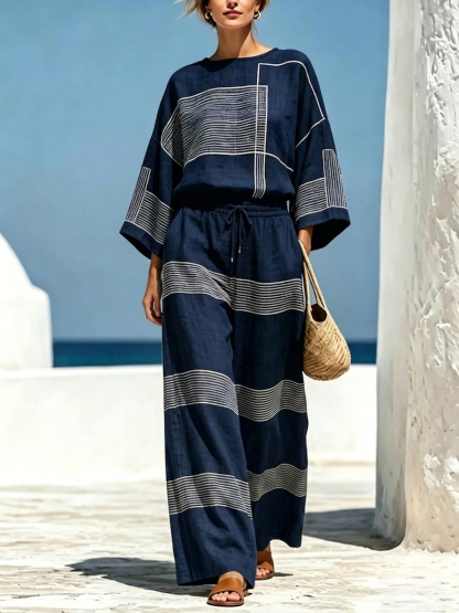 Asymmetrical Print Cotton-Linen Crew-Neck Set-retrostrom